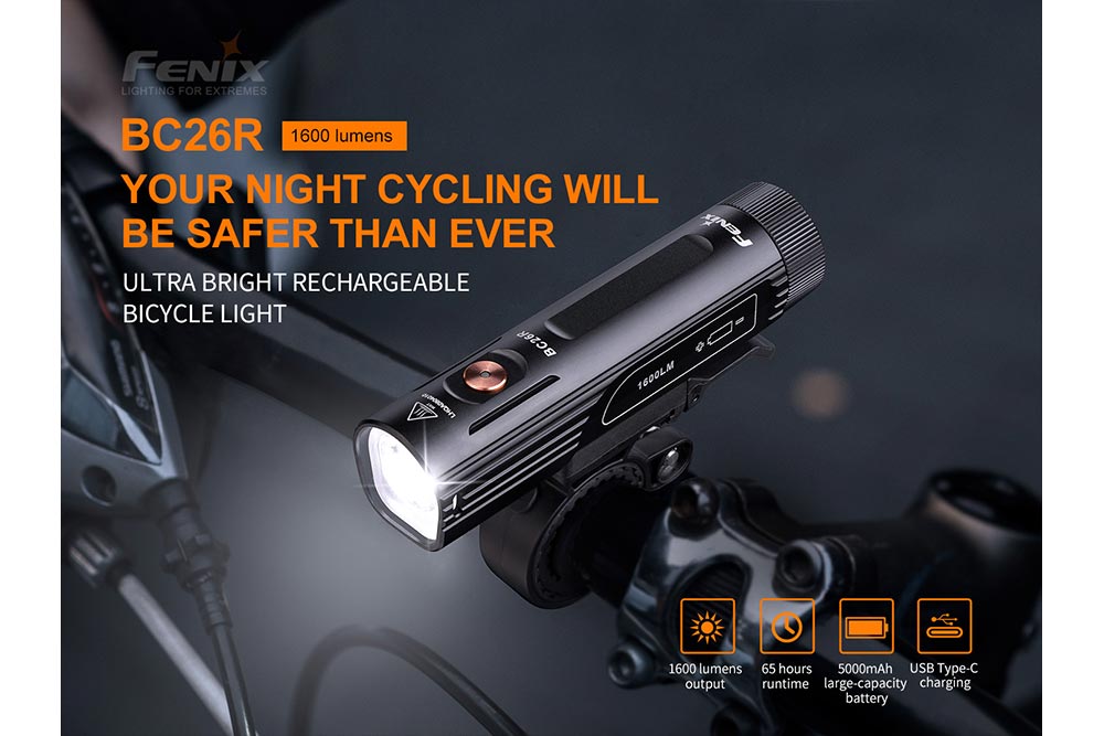 Fenix BC26R LED Bike Light 1600 Lumens USB-C Rechargeable IP68 Waterproof with 65-Hour Runtime