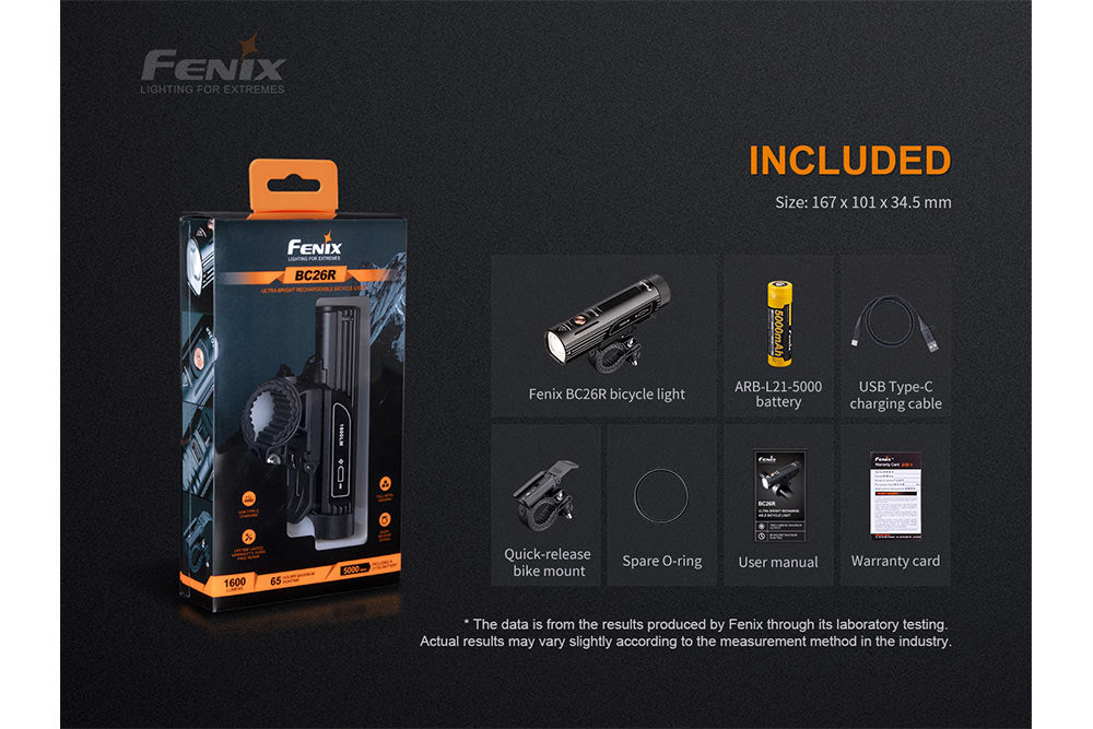 Fenix BC26R LED Bike Light 1600 Lumens USB-C Rechargeable IP68 Waterproof with 65-Hour Runtime