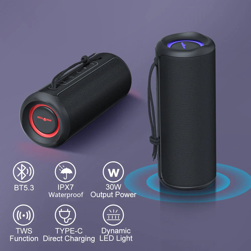 Wisetiger P3 Portable Bluetooth Speaker 30W IPX7 Waterproof with 20-Hour Battery & RGB Lighting