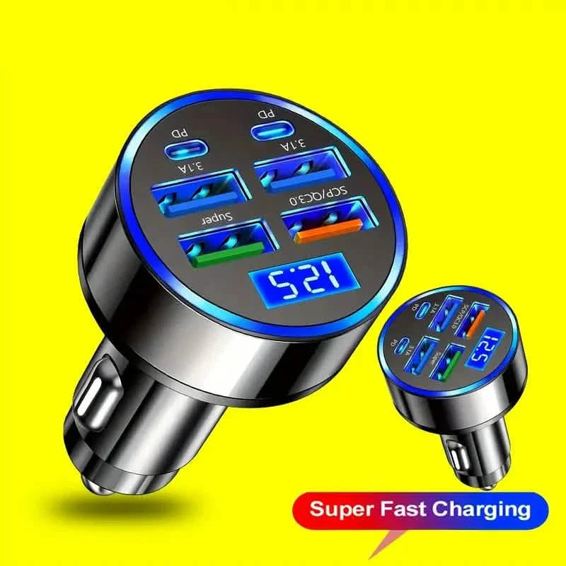 Fast Charging 6-Port Car Charger Adapter 40W QC3.0 with 4 USB + 2 USB-C Ports