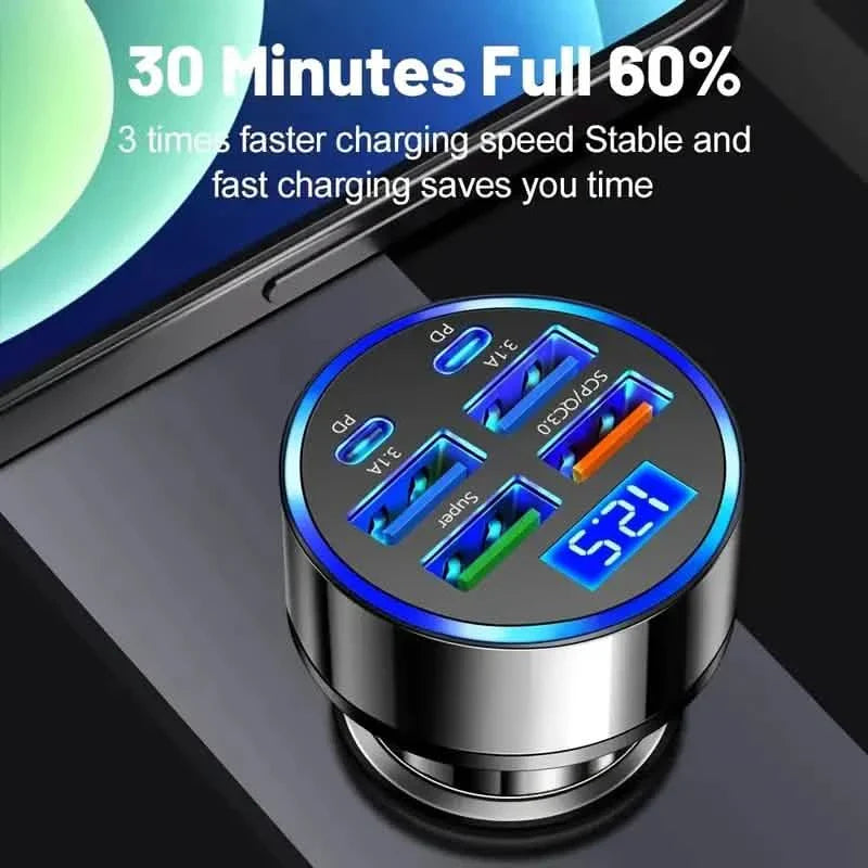 Fast Charging 6-Port Car Charger Adapter 40W QC3.0 with 4 USB + 2 USB-C Ports